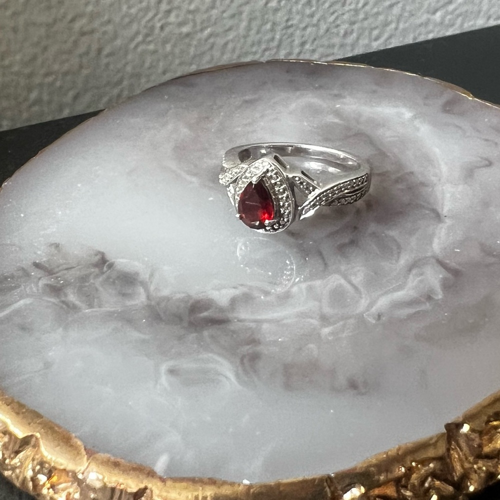Sterling Silver Diamond Ring with Red Garnet size 7